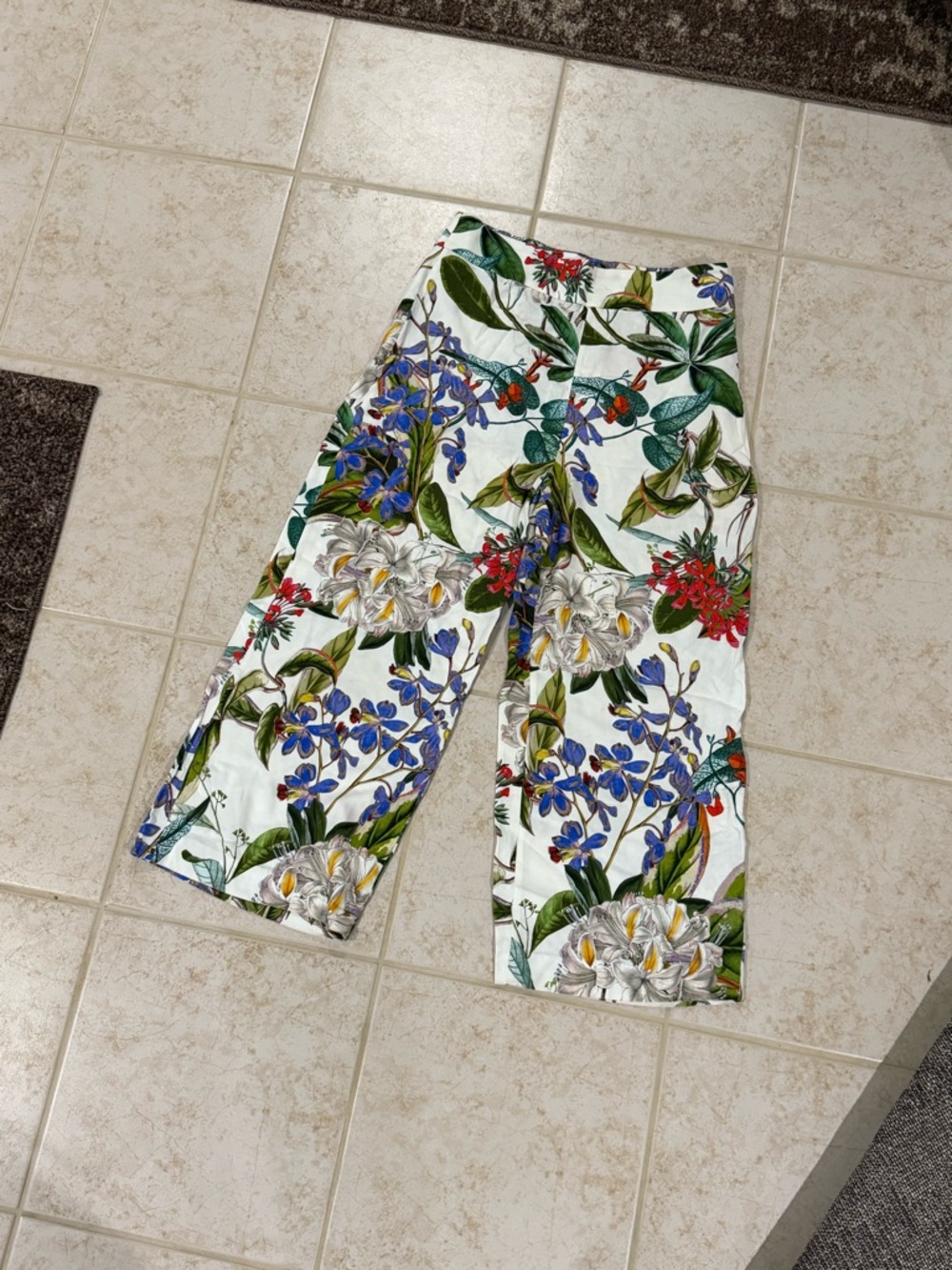 Zara White Wide-Leg Floral Culotte Pants with Green Leaves & Blue Flowers